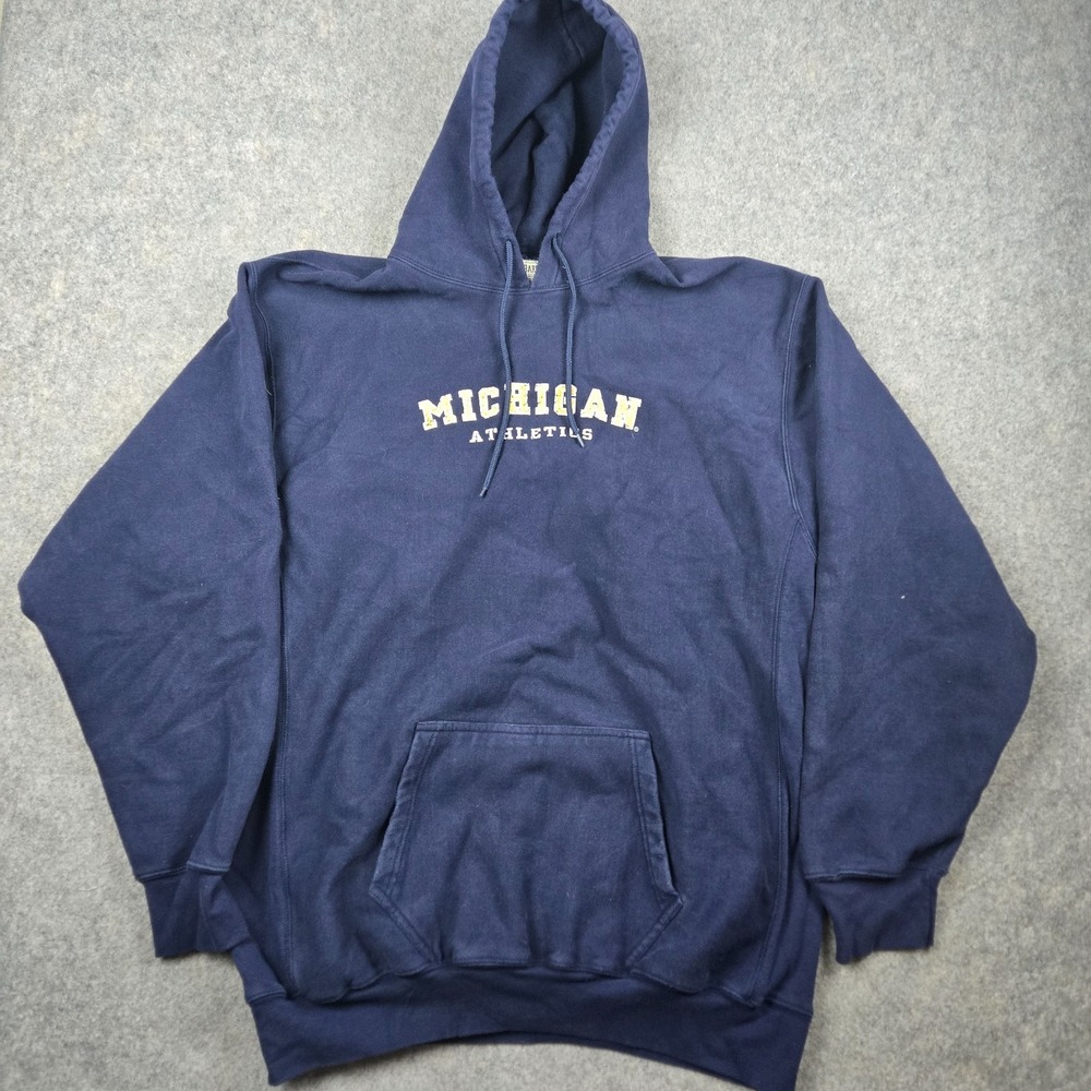 VTG Steve Barrys Michigan Hoodie Mens 2XL Blue Spellout Heavyweight College Y2K - Picture 2 of 7